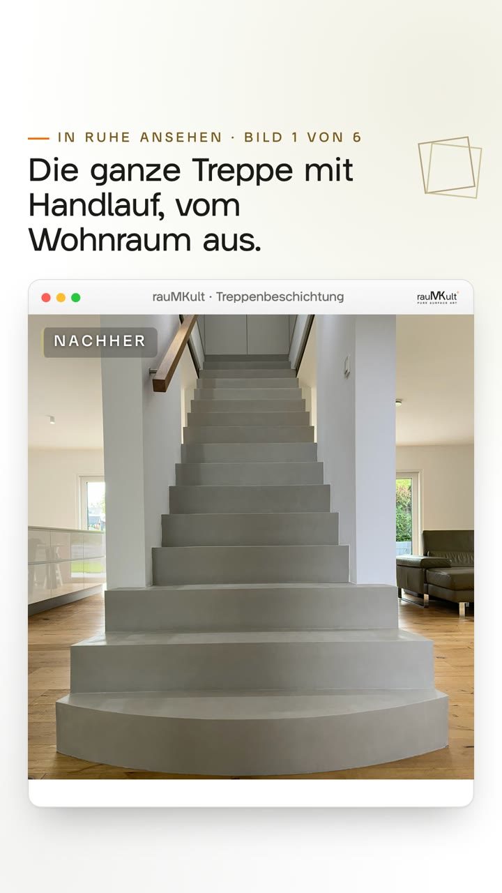 Hochkantvideo: Aufnahmen der reparierten Treppe aus Beton Ciré, jede ruhig stehend, die ganze Treppe, die runde Antrittsstufe, die Stufen hinauf, die Rundung nah, die Treppe unter dem Glasgeländer und die Wange von unten