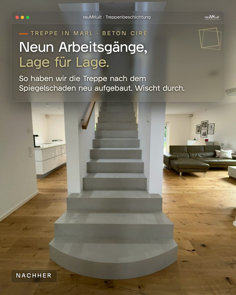 Fertige Treppe aus Beton Ciré in Marl (Westfalen), Titelfolie zu neun Arbeitsgängen Lage für Lage