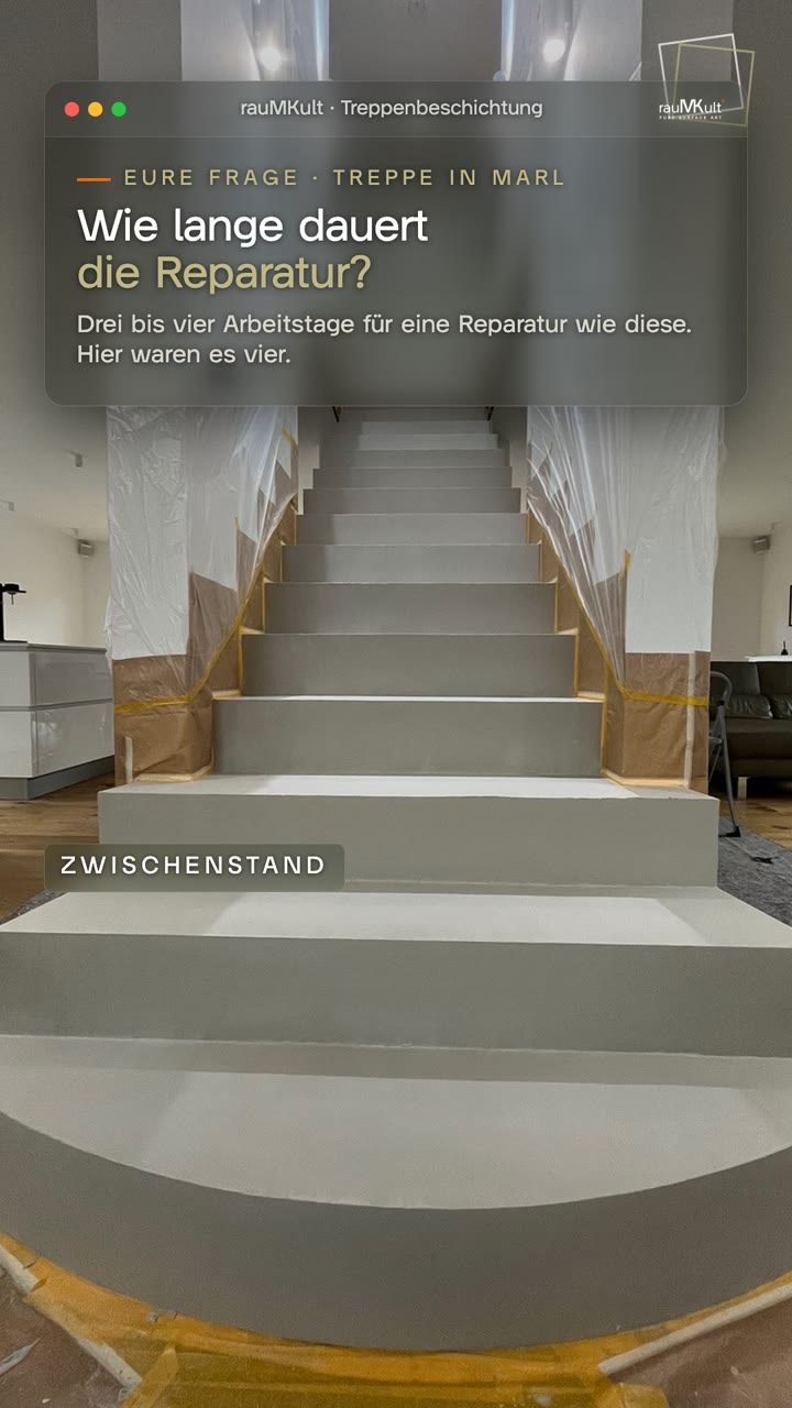 Hochkantvideo: die Treppe aus Beton Ciré nach der ersten Lage mit der Frage, wie lange die Reparatur dauert, die zweite Lage noch nass, dann die fertige Treppe vom Fuß aus und eine Schlusskarte zur Dauer von Grund auf