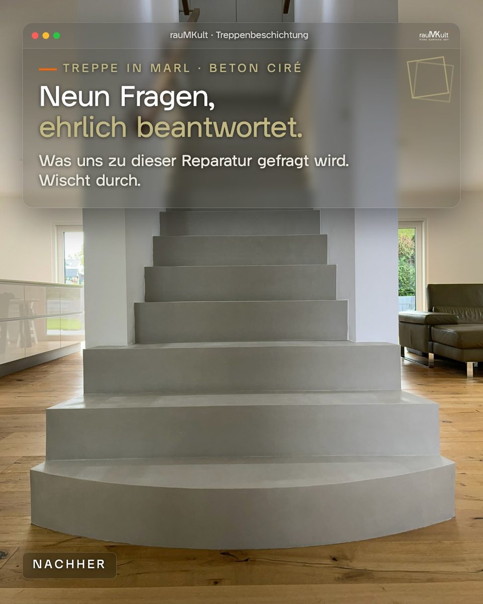 Fertige Treppe aus Beton Ciré vom Wohnraum aus, Titelfolie zu neun Fragen zur Reparatur in Marl (Westfalen)