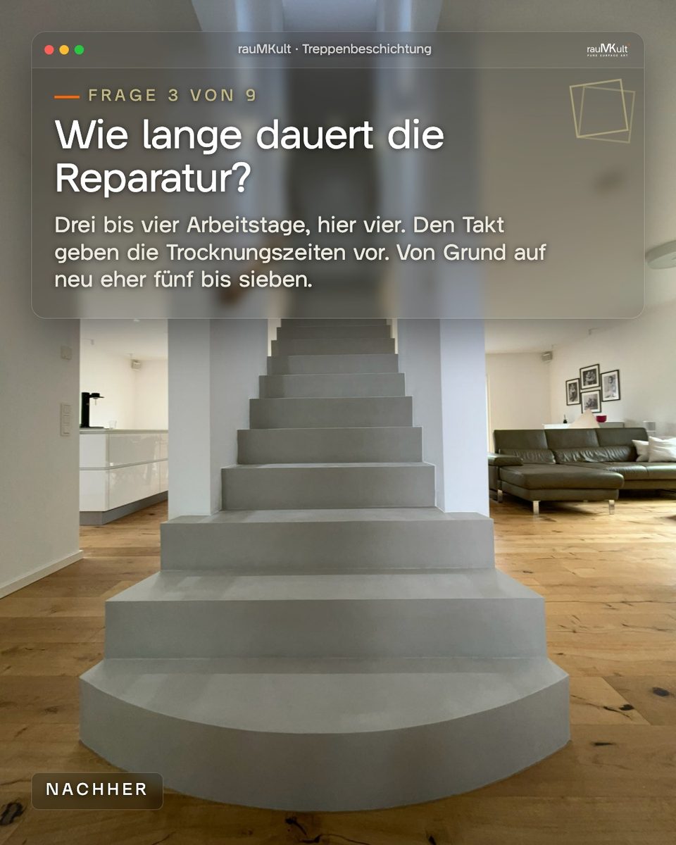 Ganze Treppe vom Fuß aus zur Frage, wie lange die Reparatur dauert