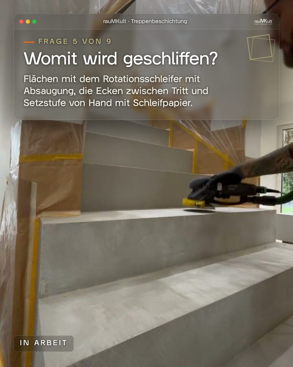 Standbild: der Rotationsschleifer auf der Trittstufe zur Frage, womit geschliffen wird