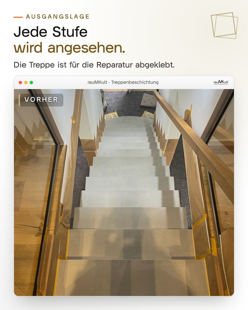 Vorher: Ausgangslage von oben, die Stufen für die Reparatur abgeklebt