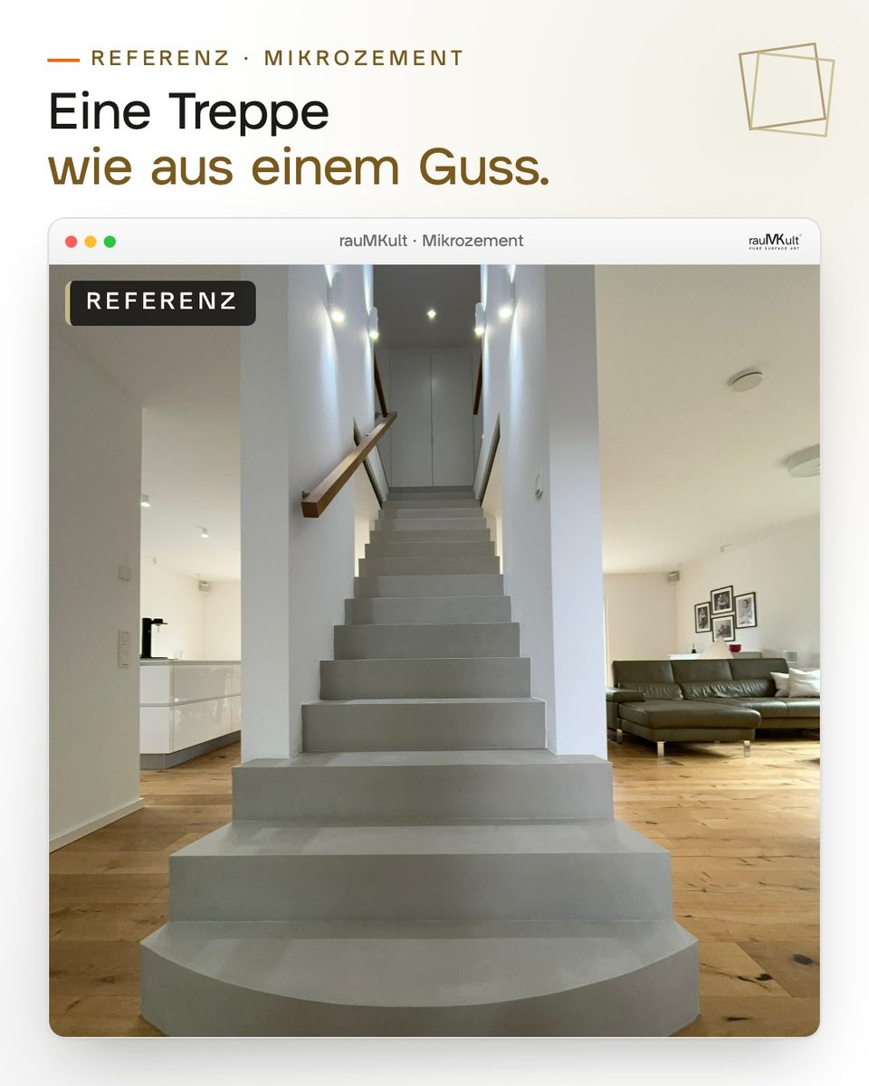 Treppe in Betonoptik aus Mikrozement von vorn, mit gerundeten Antrittsstufen und Holzhandlauf