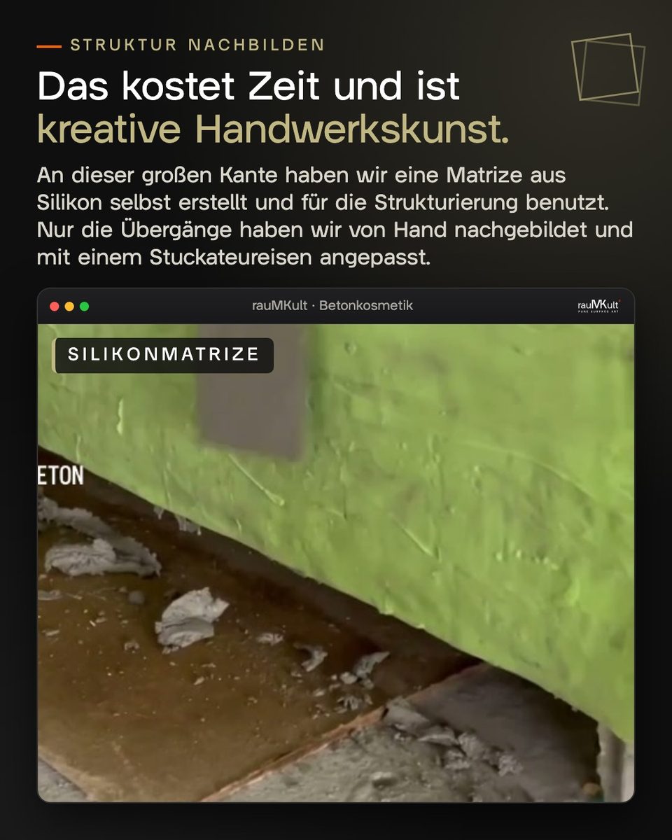 Selbst gebaute grüne Silikonmatrize an der großen Kante, mit der die OSB-Struktur nachgebildet wurde