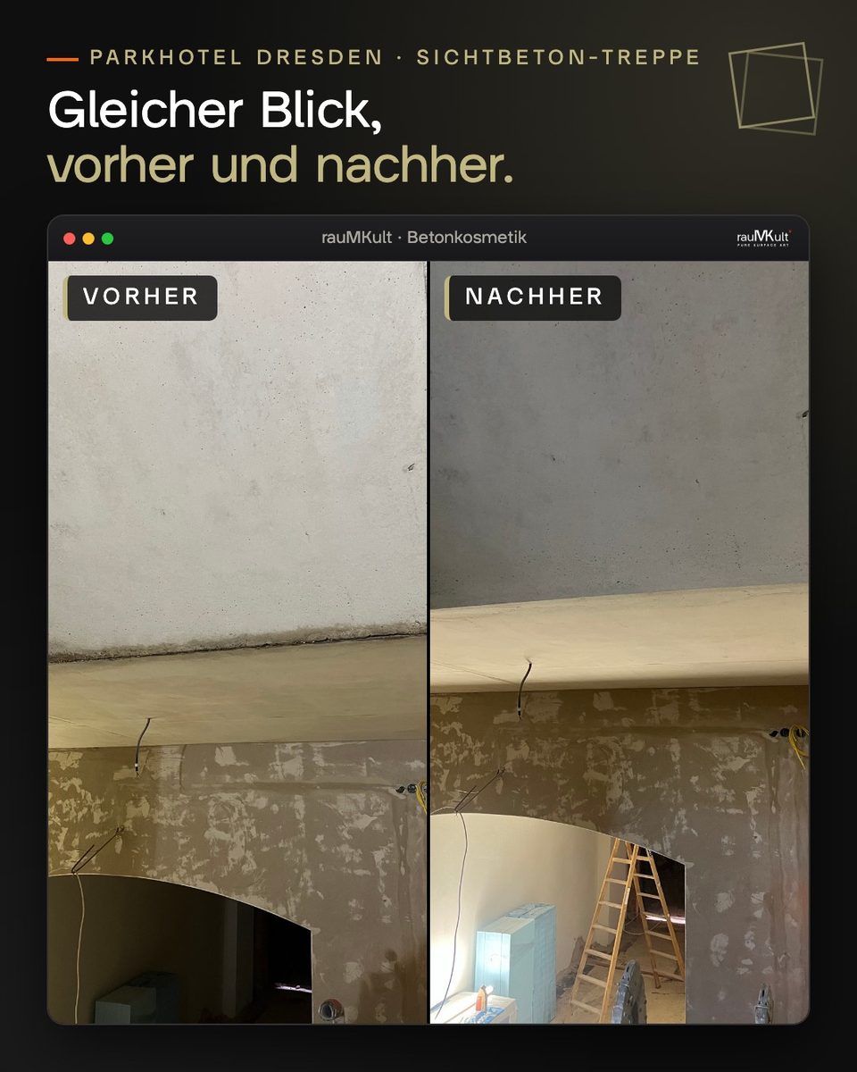 Übergang vom Treppenlauf zum Podest im Parkhotel Dresden vorher und nachher, gleicher Blick