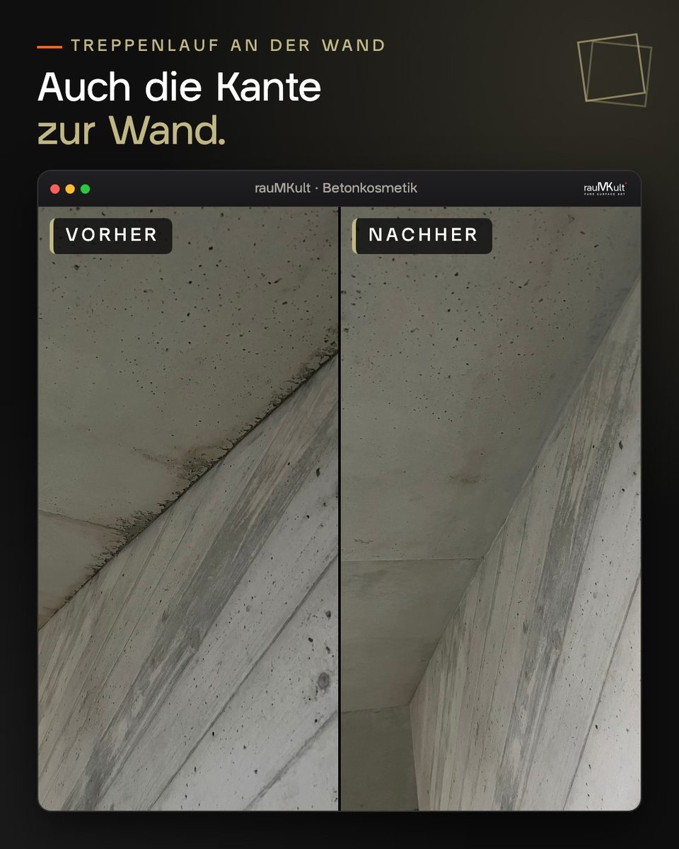 Kante zwischen Treppenlauf und Wand vorher und nachher