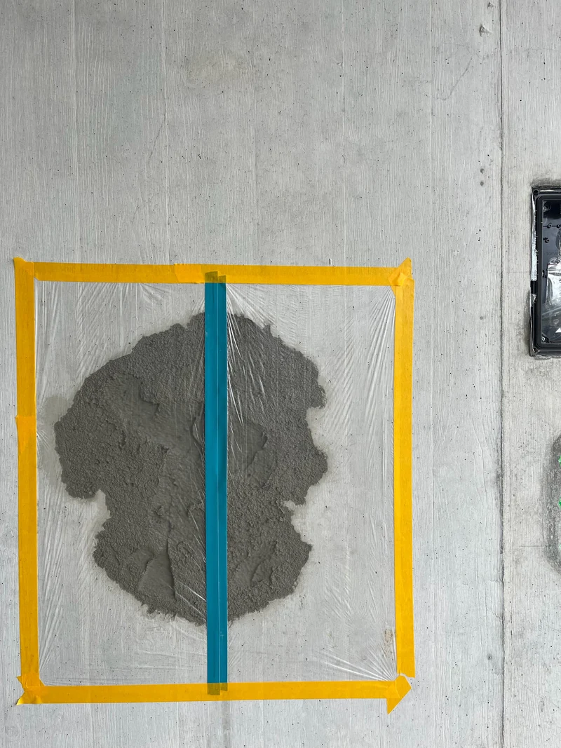 Abplatzung mit Grobmörtel gefüllt und mit Folie abgedeckt, gelbes Klebeband hält die Folie, ein blauer Streifen teilt sie