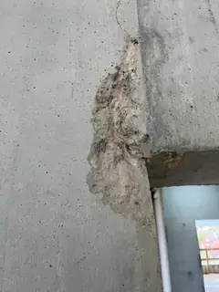 Große Abplatzung an einer Betonkante mit rauem, rosa-grauem Untergrund und angrenzendem Durchgang