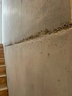 Kiesnest mit lose aufliegendem Kies auf einer waagerechten Betonierfuge, links daneben eine Holztreppe