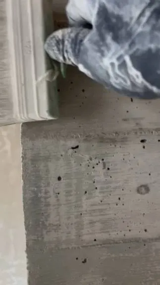 Kante an der Aufzugswand: Retusche im Farbton. Farbliche Retusche mit Pinsel auf der gespachtelten Fläche.