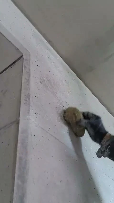 Video: Nahaufnahme des Naturschwamms bei der Retusche einer Ortbetonwand mit kleinen Poren im Treppenhaus